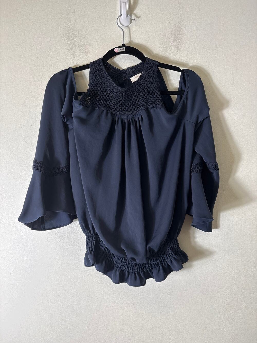 Ramy Brook Navy Blue Cold Shoulder Long Sleeve Crocheted Shirt Sz M